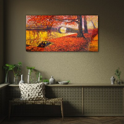 Golden autumn on the river Wall art on glass
