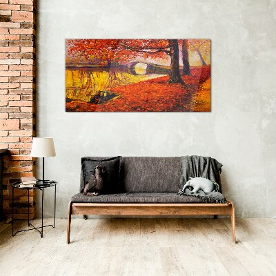 Golden autumn on the river Wall art on glass