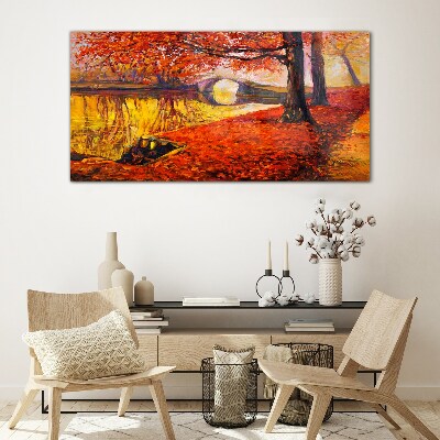 Golden autumn on the river Wall art on glass