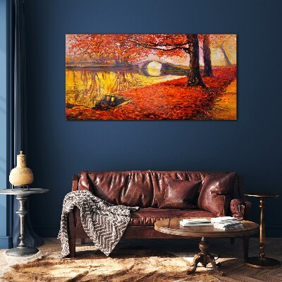 Golden autumn on the river Wall art on glass