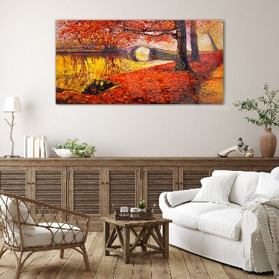 Golden autumn on the river Wall art on glass