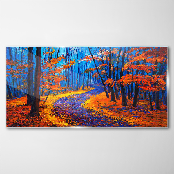 Autumn avenue in the colors of the sunset Glass art print
