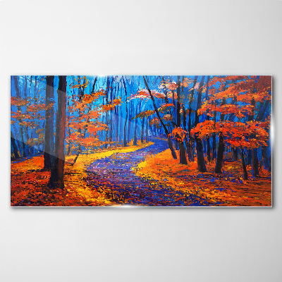 Autumn avenue in the colors of the sunset Glass art print