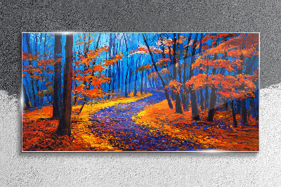 Autumn avenue in the colors of the sunset Glass art print