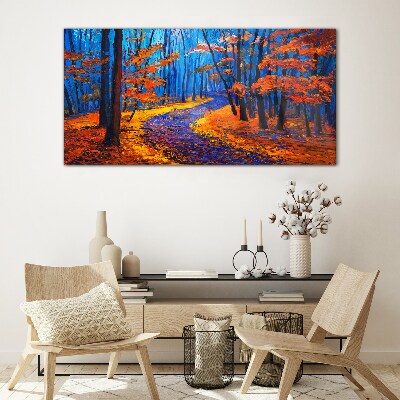 Autumn avenue in the colors of the sunset Glass art print