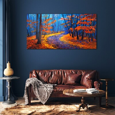 Autumn avenue in the colors of the sunset Glass art print