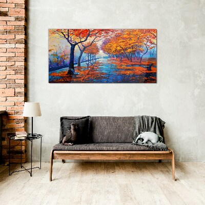 Autumn alley Wall art on glass