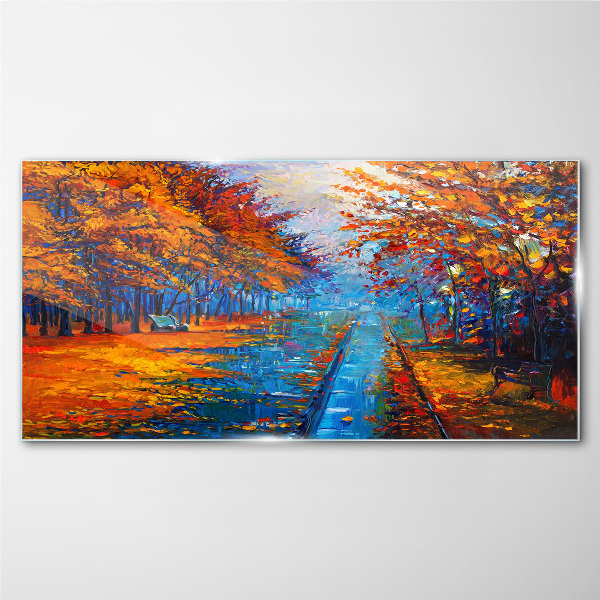 Golden autumn over the calm water Glass art print