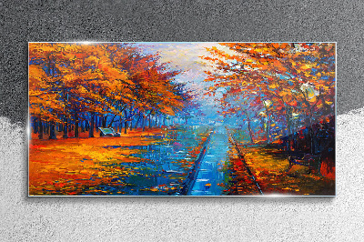 Golden autumn over the calm water Glass art print