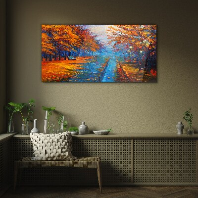 Golden autumn over the calm water Glass art print