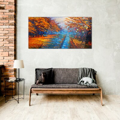 Golden autumn over the calm water Glass art print