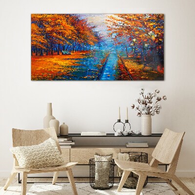 Golden autumn over the calm water Glass art print