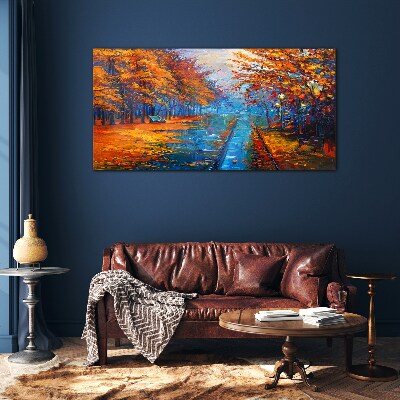 Golden autumn over the calm water Glass art print