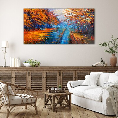 Golden autumn over the calm water Glass art print