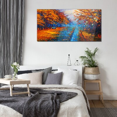 Golden autumn over the calm water Glass art print
