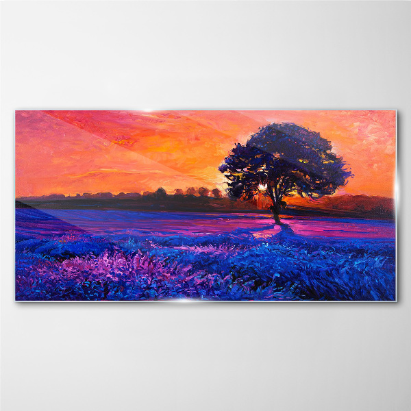 Sunset over a purple field Wall art on glass
