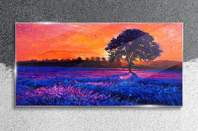 Sunset over a purple field Wall art on glass