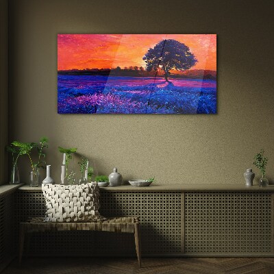 Sunset over a purple field Wall art on glass