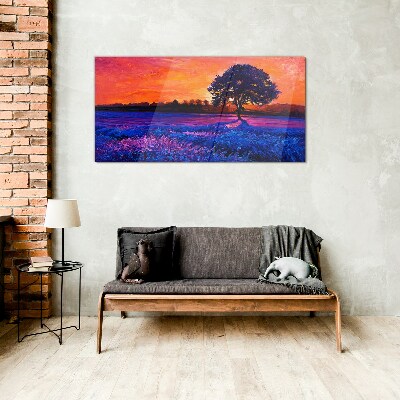Sunset over a purple field Wall art on glass