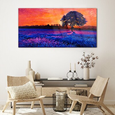Sunset over a purple field Wall art on glass