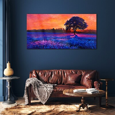 Sunset over a purple field Wall art on glass