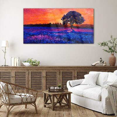 Sunset over a purple field Wall art on glass