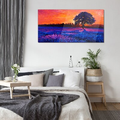 Sunset over a purple field Wall art on glass