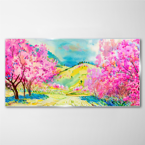 Spring landscape in pink shades Wall art on glass