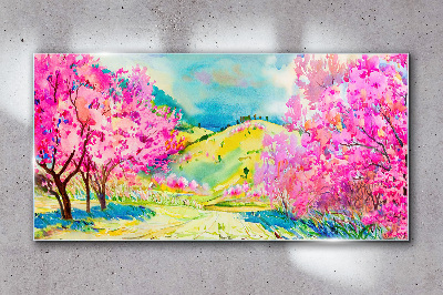 Spring landscape in pink shades Wall art on glass