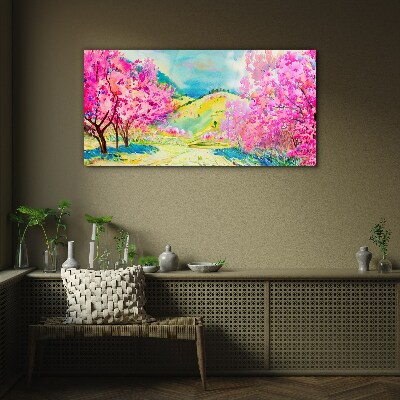 Spring landscape in pink shades Wall art on glass