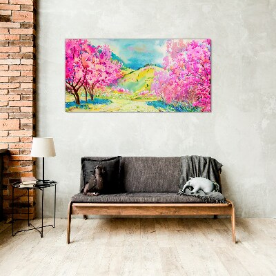 Spring landscape in pink shades Wall art on glass