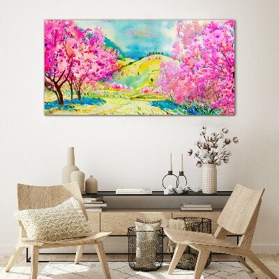 Spring landscape in pink shades Wall art on glass