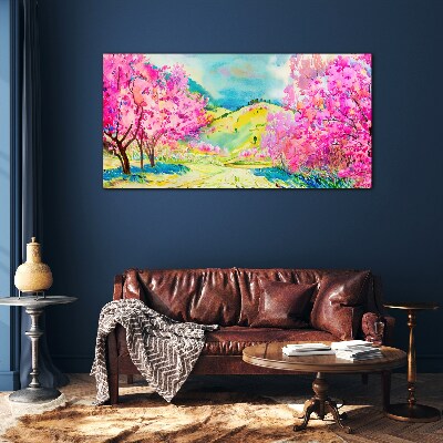 Spring landscape in pink shades Wall art on glass
