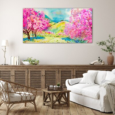 Spring landscape in pink shades Wall art on glass