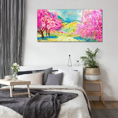 Spring landscape in pink shades Wall art on glass