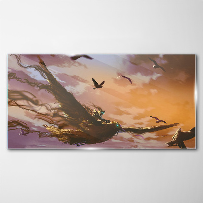 Flight of birds in the setting sun Glass art print