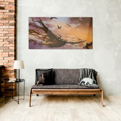 Flight of birds in the setting sun Glass art print