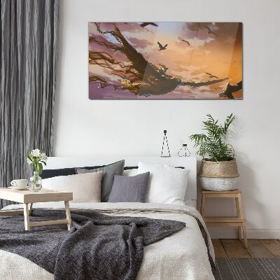 Flight of birds in the setting sun Glass art print