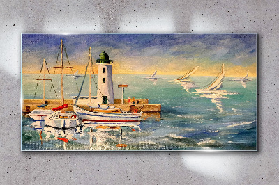 Port ships lighthouse Glass Wall Art