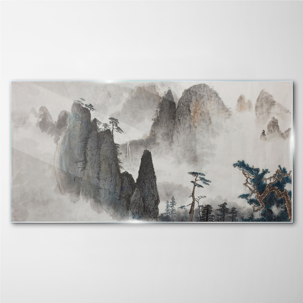 Mountain landscape in a misty landscape Glass art print