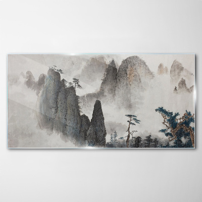 Mountain landscape in a misty landscape Glass art print