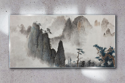 Mountain landscape in a misty landscape Glass art print