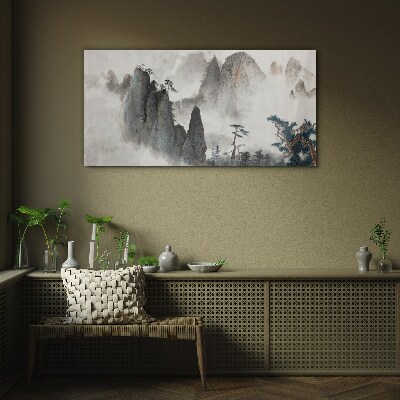 Mountain landscape in a misty landscape Glass art print