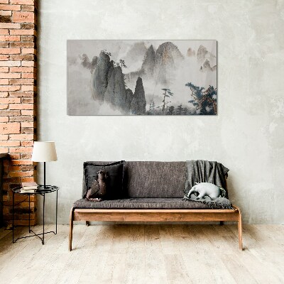 Mountain landscape in a misty landscape Glass art print