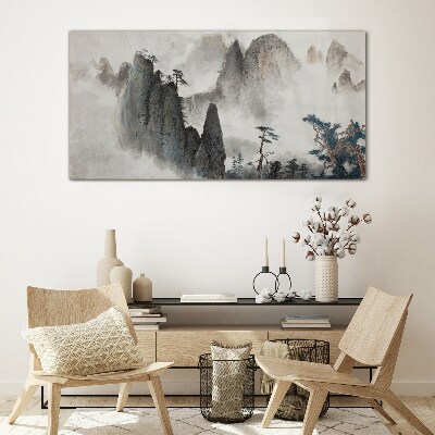 Mountain landscape in a misty landscape Glass art print
