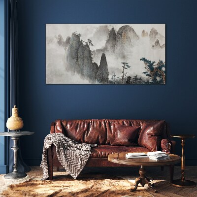 Mountain landscape in a misty landscape Glass art print