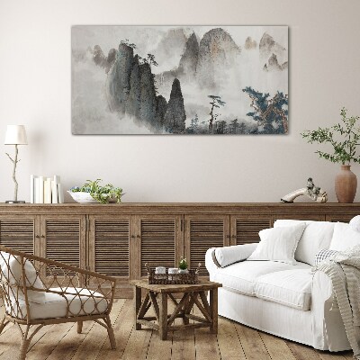 Mountain landscape in a misty landscape Glass art print
