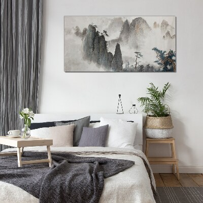 Mountain landscape in a misty landscape Glass art print
