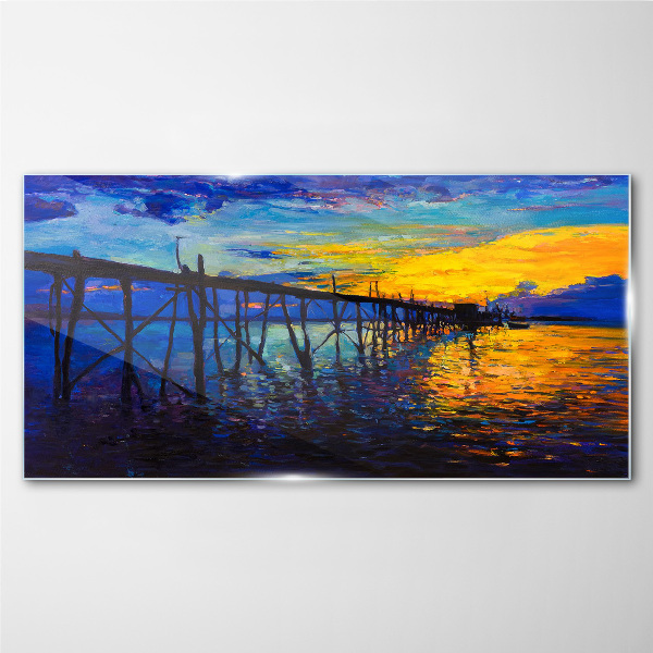 Sunset over the pier Glass art print