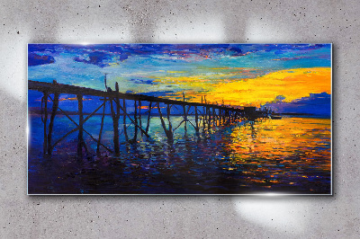 Sunset over the pier Glass art print